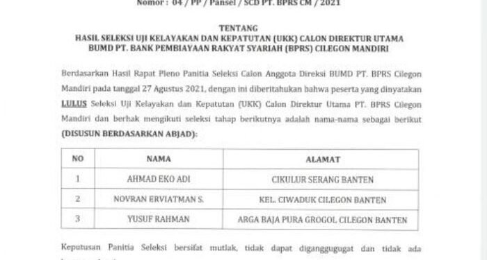 Lulus Uji Kepatutan, Ini Tiga Besar Nama Calon Dirut Bank Milik Pemkot Cilegon