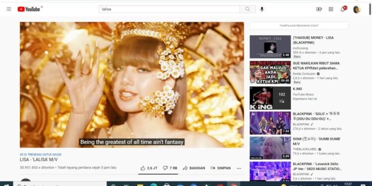 5 Jam Rilis di YouTube, Lagu Lalisa yang Dinyanyikan Lisa Blackpink Sudah Ditonton 30 Juta Lebih Warganet