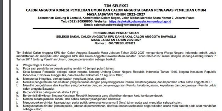 Pengumuman Pendaftaran Seleksi Bakal Calon Anggota KPU dan Bakal Calon Anggota BAWASLU Periode 2022-2027