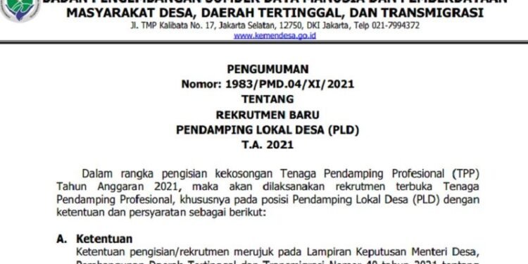 Rekrutmen Pendamping Lokal Desa 2021 di Kemendes PDTT, Pendaftaran Ditutup 24 November 2021, Ini Syaratnya