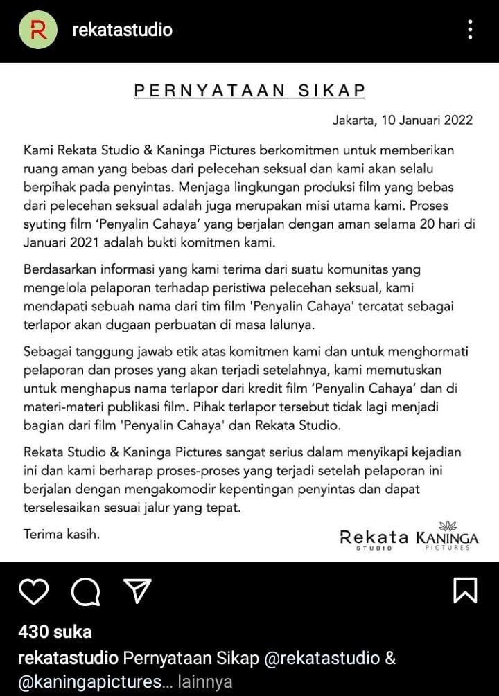 Diduga Pelaku Pelecehan Seksual, Rumah Produksi Film Penyalin Cahaya Hapus Nama Kru di Kredit Film 1 Diduga Pelaku Pelecehan Seksual, Rumah Produksi Film Penyalin Cahaya Hapus Nama Kru di Kredit Film
