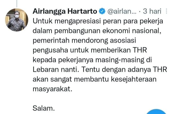 Apresiasi Pekerja, Airlangga Dorong Asosiasi Pengusahan Bayarkan THR
