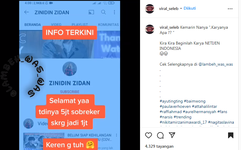 Subscriber YouTube Zinidin Zidan Anjlok Parah Usai Lecehkan Andika Kangen Band, Sekarang Begini Kondisinya...