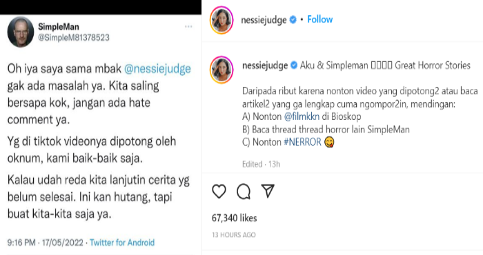 SimpelMan dan Nessie Judge Saling Klarifikasi, Usai Viral Video di TikTok soal Keaslian KKN di Desa Penari 3 SimpelMan dan Nessie Judge Saling Klarifikasi, Usai Viral Video di TikTok soal Keaslian KKN di Desa Penari