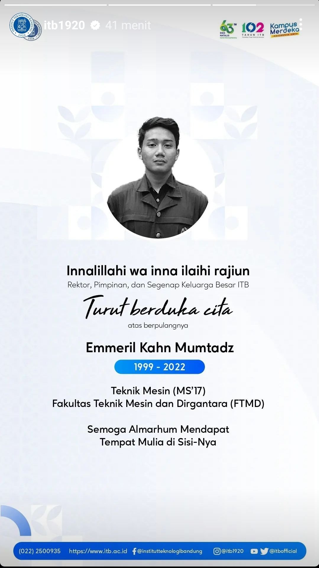 Akun Instagram ITB Umumkan Putra Ridwan Kamil Meninggal 1 Akun Instagram ITB Umumkan Putra Ridwan Kamil Meninggal
