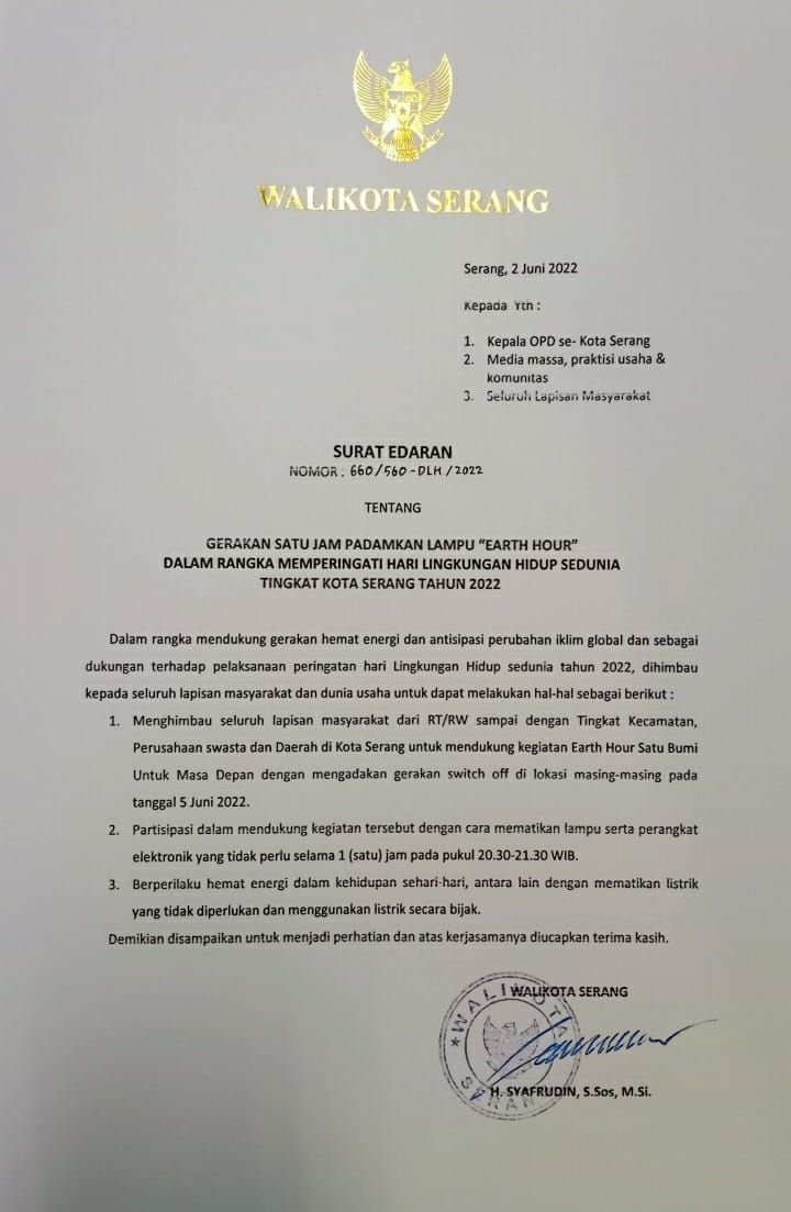 Besok, Warga Kota Serang Diimbau Matikan Lampu dan Perangkat Elektronik 1 Jam Pada 20.30 WIB - 21.30 WIB 1 Besok, Warga Kota Serang Diimbau Matikan Lampu dan Perangkat Elektronik 1 Jam Pada 20.30 WIB - 21.30 WIB