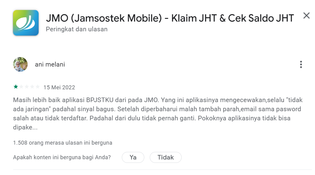 Kualitas Aplikasi JMO Jamsostek Ketenagakerjaan Makin Buruk, Pengguna Hujani Rating Bintang Satu 3 Kualitas Aplikasi JMO Jamsostek Ketenagakerjaan Makin Buruk, Pengguna Hujani Rating Bintang Satu