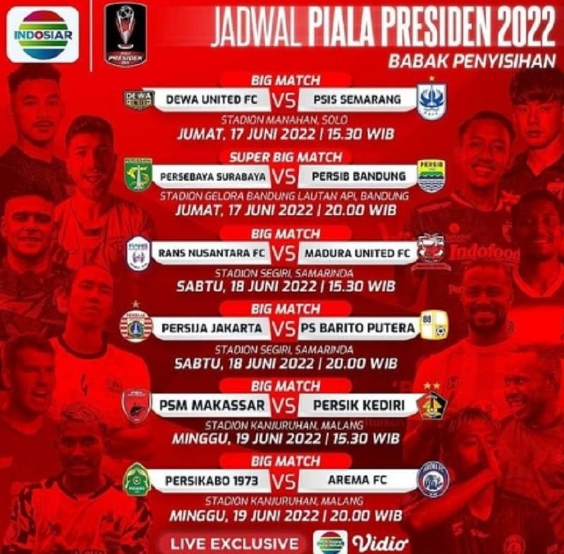 Jadwal Piala Presiden Hari Ini 18 Juni 2022, RANS vs Madura United FC dan Persija Jakarta vs Barito Putera Mad