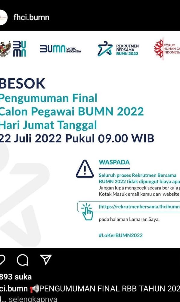 JANGAN LUPA, Pengumuman Final Rekrutmen Bersama BUMN Jumat 22 Juli 2022 1 JANGAN LUPA, Pengumuman Final Rekrutmen Bersama BUMN Jumat 22 Juli 2022