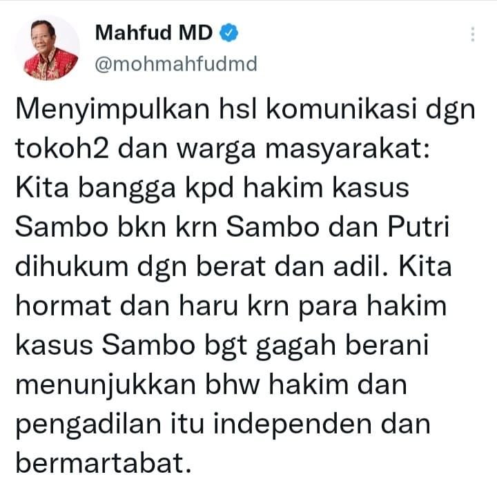 Menkopulhkam Puji Keberanian Para Hakim yang Mengadili Fredy Sambo 1 Menkopulhkam Puji Keberanian Para Hakim yang Mengadili Fredy Sambo