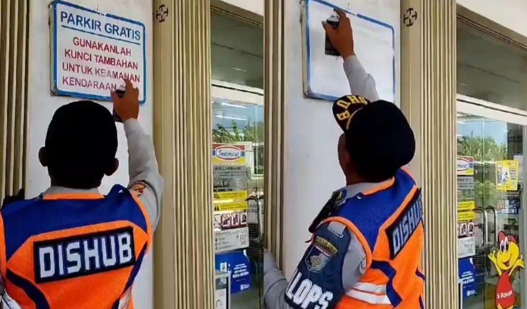 Waduh! Oknum Dishub Hapus Tulisan Parkir Gratis di Minimarket