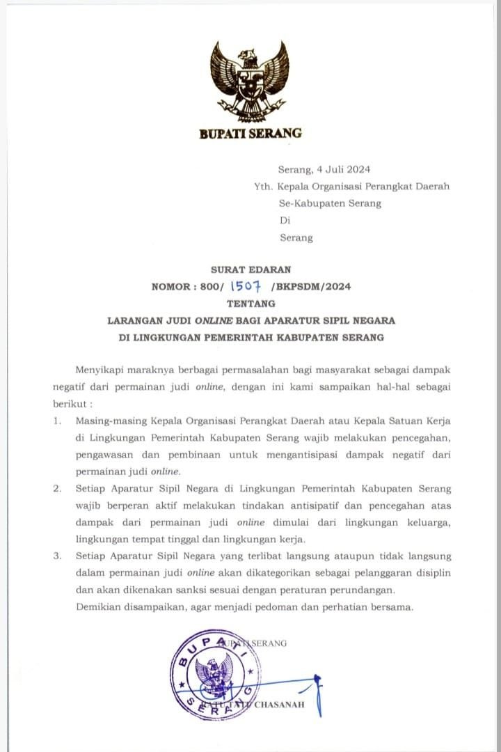 Bupati Keluarkan Edaran, ASN Pemkab Serang Dilarang Main Judol 4 Bupati Keluarkan Edaran, ASN Pemkab Serang Dilarang Main Judol