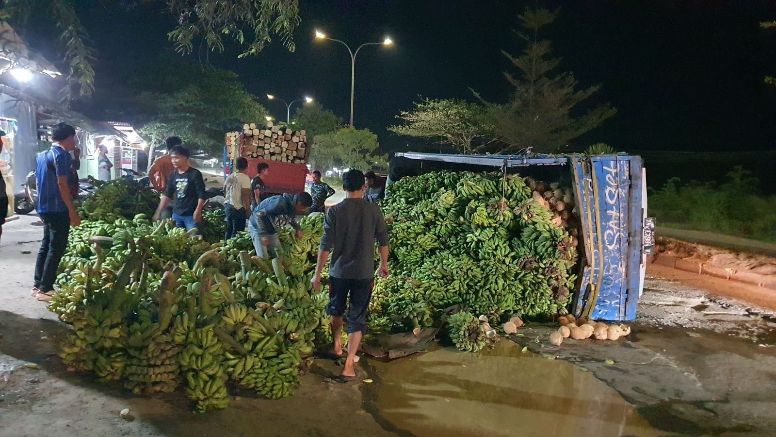 Truk Muatan Pisang dan Kelapa Terguling Akibat Jalan Berlubang JLS