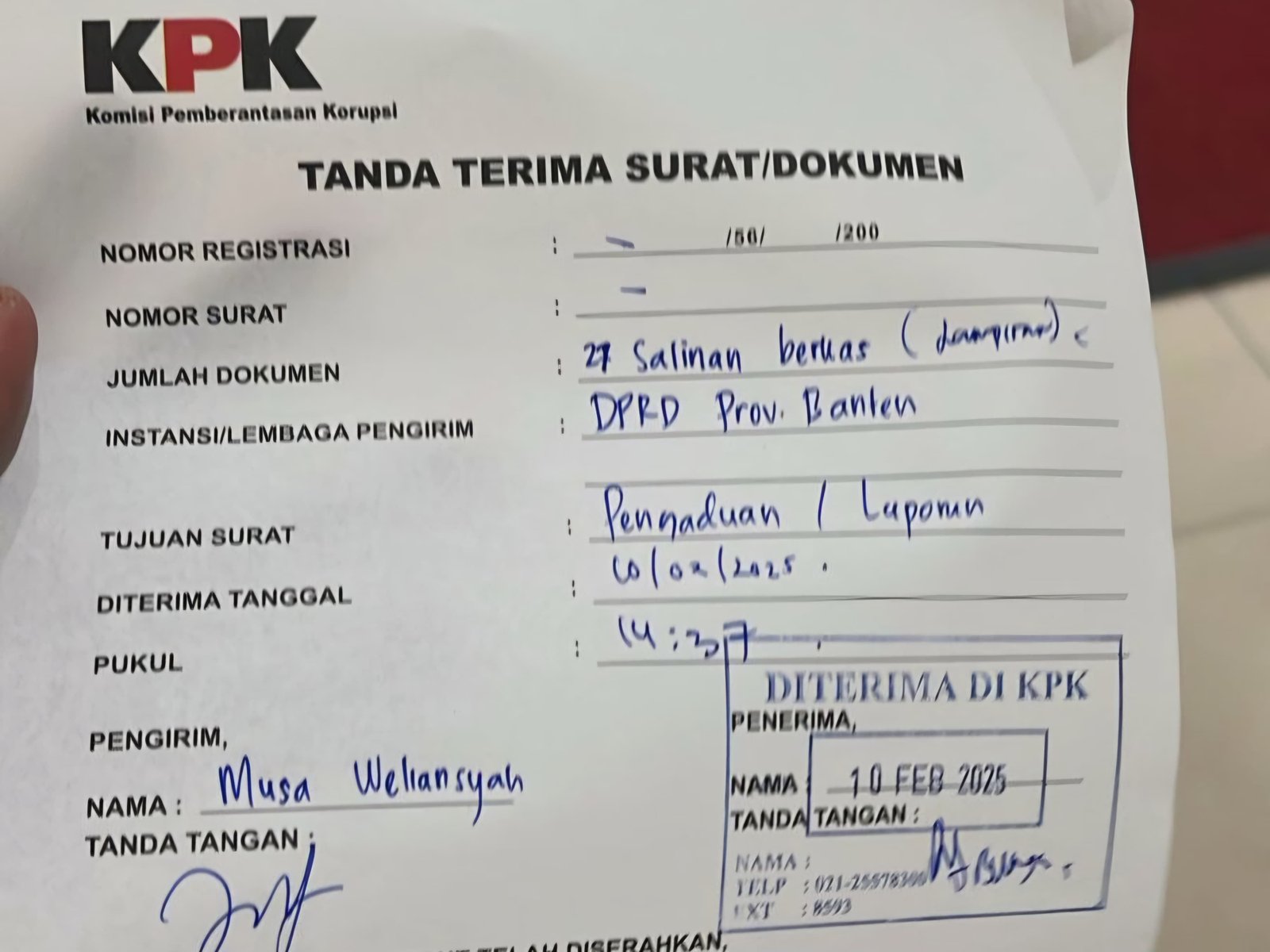 Mantan Pj Gubernur Banten Dilaporkan ke KPK Oleh Musa Weliansyah