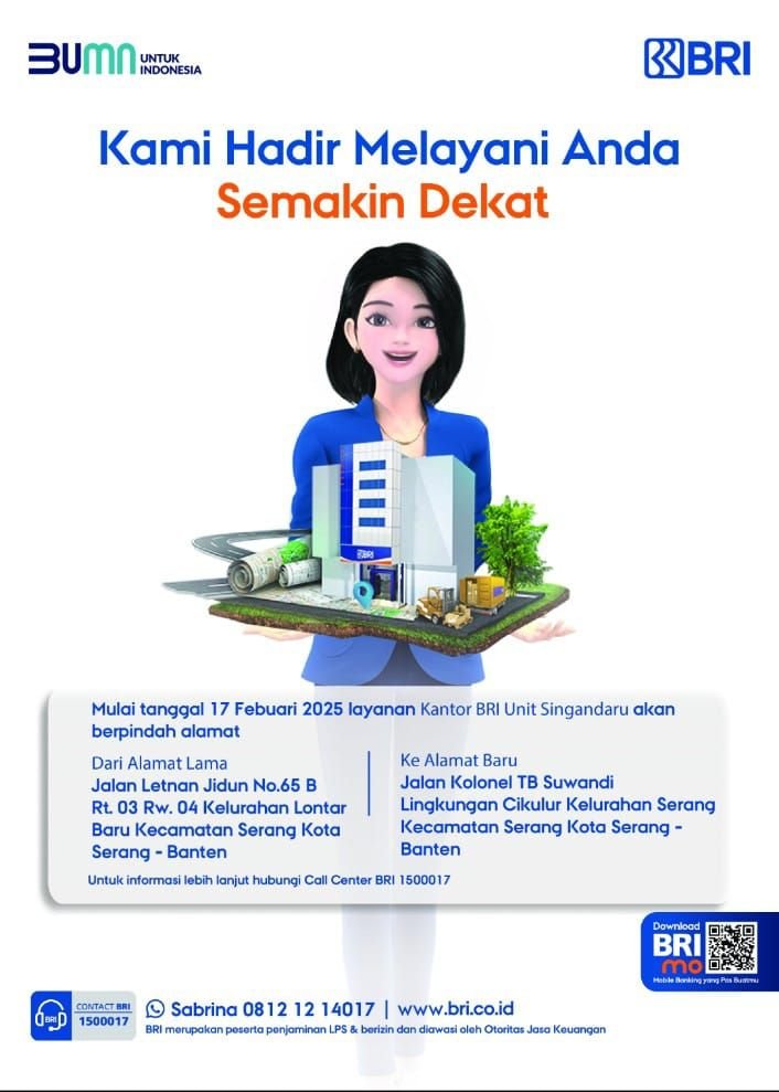 Kantor BRI Unit Singandaru Pindah Alamat ke Cikulur Kota Serang Per 17 Februari 2025
