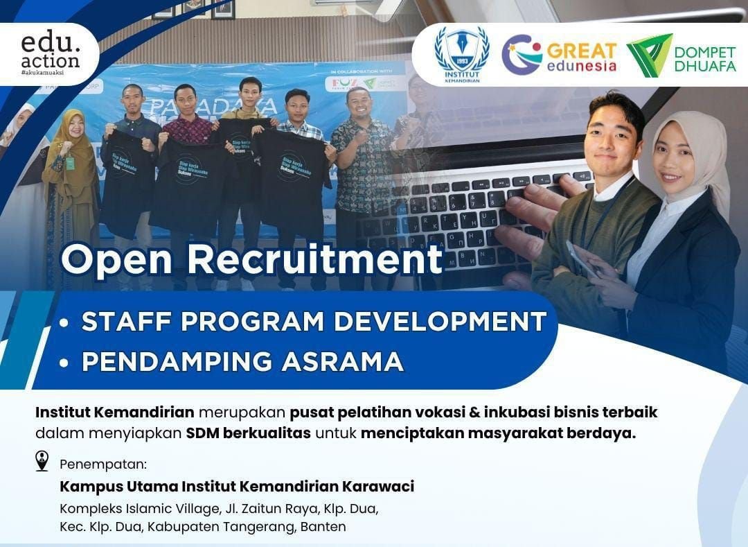Open Loker! Staff Program Development dan Pendamping Asrama di Institut Kemandirian, Terbuka untuk Lulusan S1 Semua Jurusan