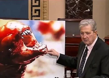Senator Partai Republik dari Louisiana Amerika Serikat John Kennedy sedang menjelaskan sebuah ilustrasi alien jika manusia memakan udang beku dari negara lain. (Tiktok/dailymail)