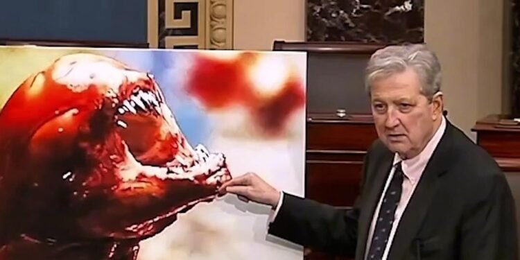 Senator Amerika Serikat Sebut Konsumsi Udang Beku dari Kabupaten Serang Bisa Ubah Manusia Jadi Alien 1 Senator Partai Republik dari Louisiana Amerika Serikat John Kennedy sedang menjelaskan sebuah ilustrasi alien jika manusia memakan udang beku dari negara lain. (Tiktok/dailymail)