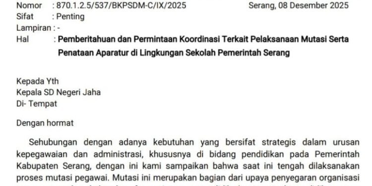 Hoax! Surat Palsu Mengatasnamakan BKPSDM Serang Beredar di Sekolah Waringinkurung 1 BKPSDM Kabupaten Serang