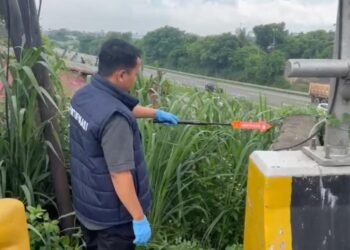 Polisi melakukan olah TKP pembegalan di kolong jembatan Jalan Raya Serang–Jakarta, tepatnya di wilayah Kelurahan Panancangan, Kecamatan Cipocok Jaya, Kota Serang, Minggu pagi, 8 Februari 2026. (Dokumentasi Polisi)