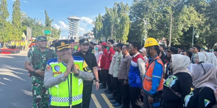 Apel siaga arus mudik Lebaran 2026 di Polres Cilegon pada Kamis, 12 Maret 2026. (Tia/Bantenraya.com)