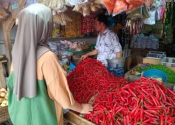 Masyarakat saat melakukan transaksi pembelian komoditas pangan, yang rawan mengalami kenaikan harga secara ekstrim sehingga memicu inflasi. (Raden/Banten Raya)